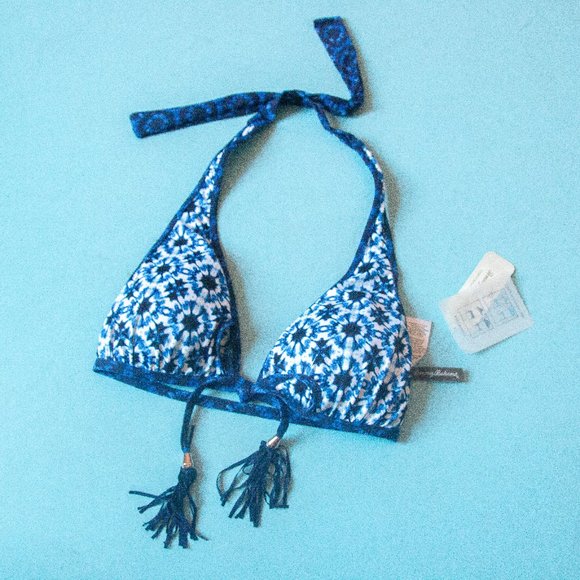 NEW Tommy Bahama Shibori Splash Blue Print Reversible Tassel Tie Bikini Top XS - Picture 2 of 5